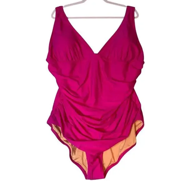 J.Crew Ruched V-Neck Radiant Fuchsia One-Piece Swimsuit NWT Size 22 - Picture 2 of 4